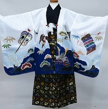 七五三 五歳 男児 羽織袴フルセット 白地 鶴 兜